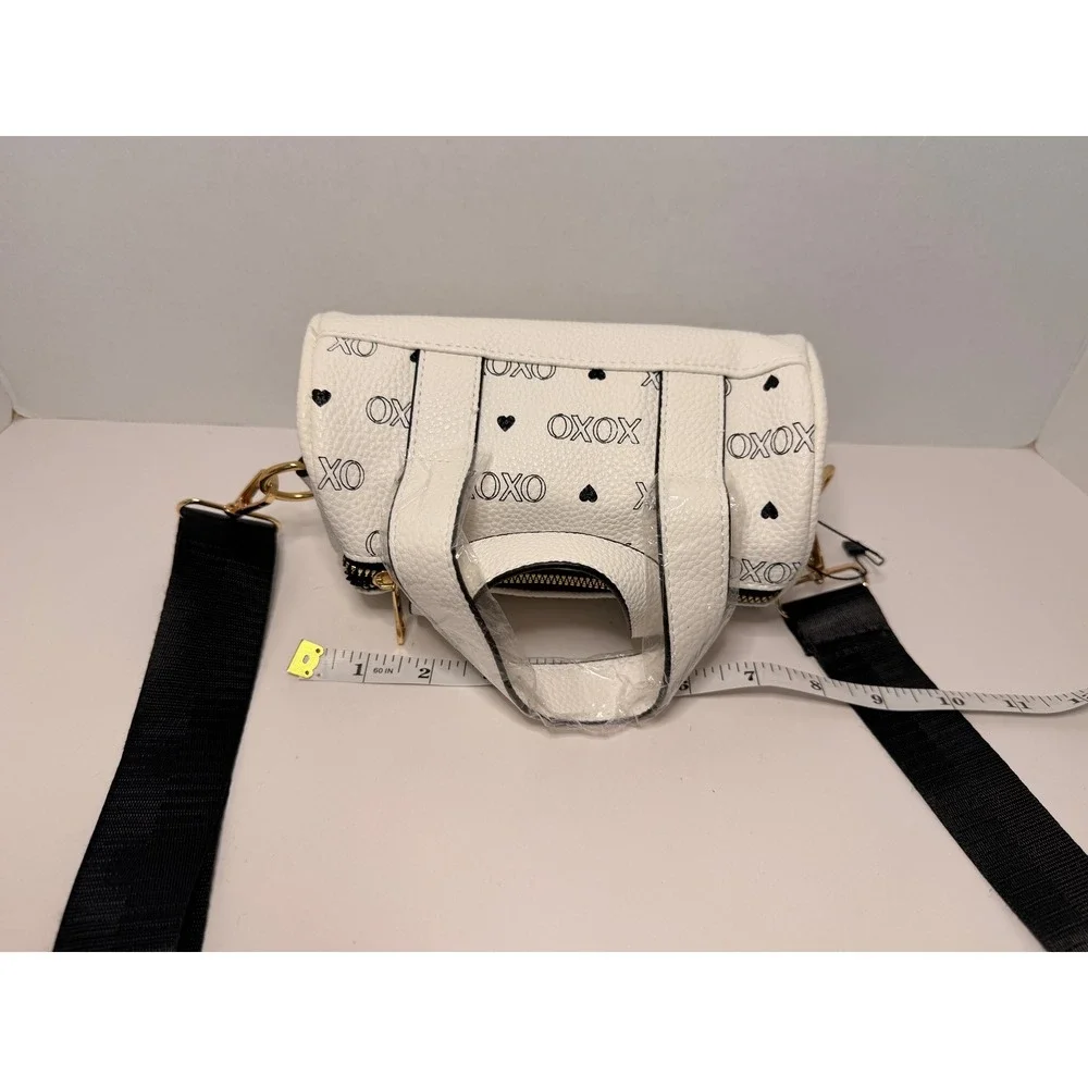 XOXO White Mini Cylinder Duffle Crossbody Bag Heart Print Gold Hardware New